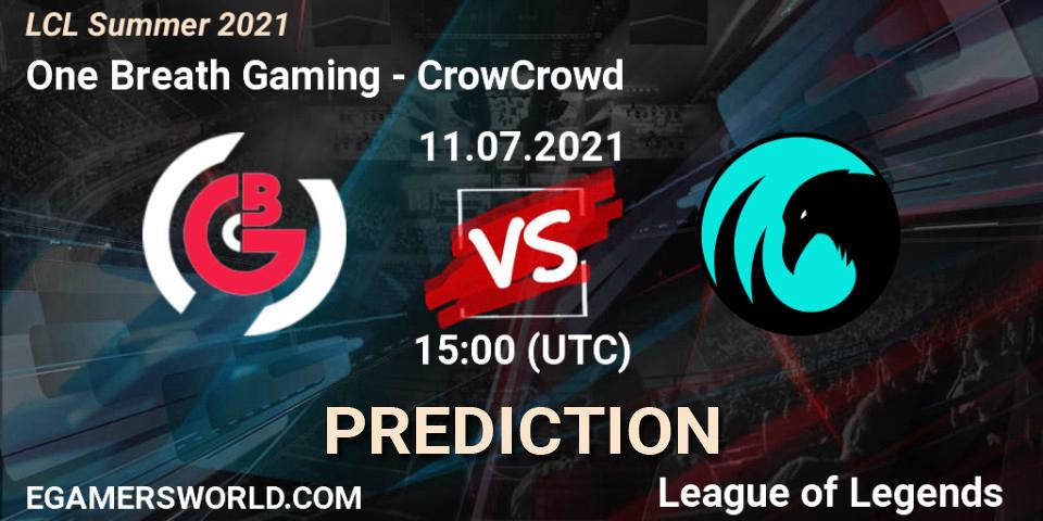Pronósticos One Breath Gaming - CrowCrowd. 11.07.2021 at 15:00. LCL Summer 2021 - LoL