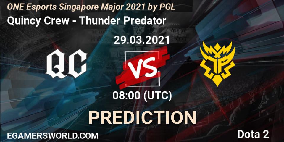 Pronósticos Quincy Crew - Thunder Predator. 29.03.2021 at 09:28. ONE Esports Singapore Major 2021 - Dota 2