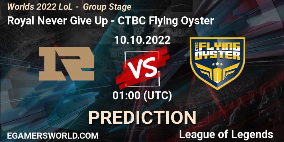 Pronósticos Royal Never Give Up - CTBC Flying Oyster. 10.10.2022 at 01:00. Worlds 2022 LoL - Group Stage - LoL