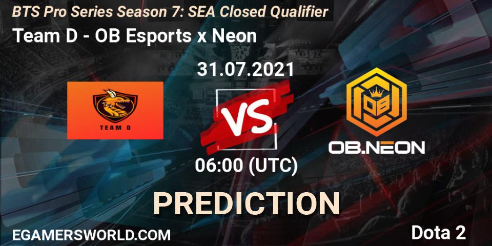 Pronósticos Team D - OB Esports x Neon. 31.07.2021 at 08:12. BTS Pro Series Season 7: SEA Closed Qualifier - Dota 2