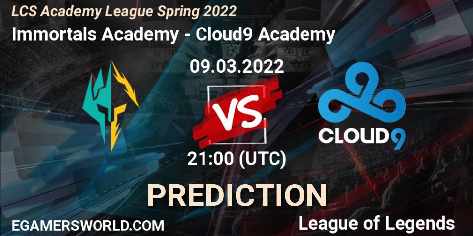 Pronósticos Immortals Academy - Cloud9 Academy. 09.03.2022 at 21:00. LCS Academy League Spring 2022 - LoL