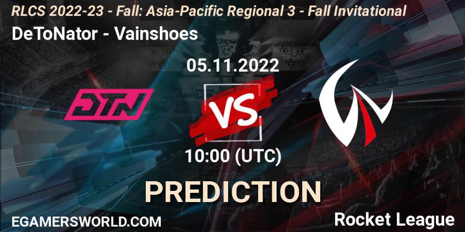 Pronósticos DeToNator - Vainshoes. 05.11.2022 at 10:00. RLCS 2022-23 - Fall: Asia-Pacific Regional 3 - Fall Invitational - Rocket League