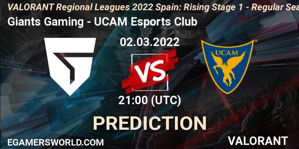 Pronósticos Giants Gaming - UCAM Esports Club. 02.03.2022 at 21:10. VALORANT Regional Leagues 2022 Spain: Rising Stage 1 - Regular Season - VALORANT