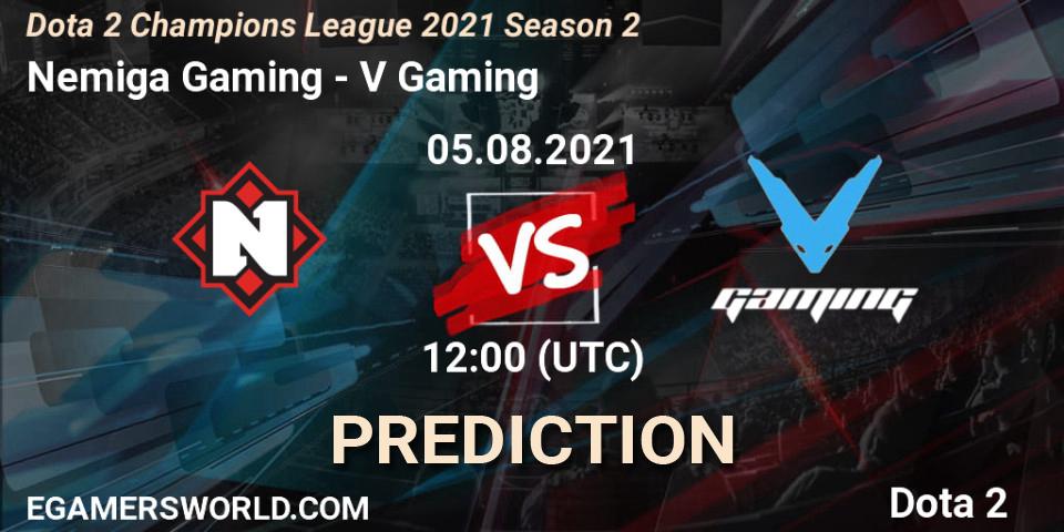 Pronósticos Nemiga Gaming - V Gaming. 05.08.2021 at 12:26. Dota 2 Champions League 2021 Season 2 - Dota 2