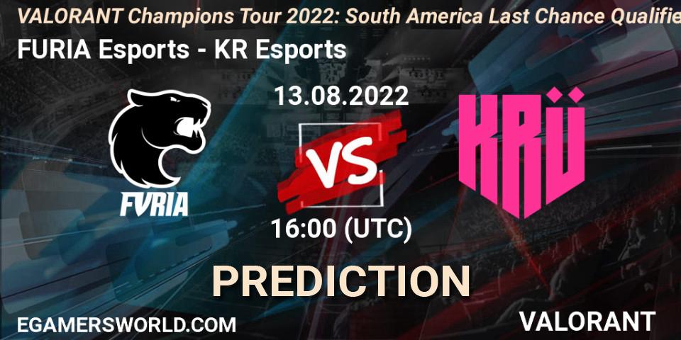 Pronósticos FURIA Esports - KRÜ Esports. 13.08.2022 at 20:00. VCT 2022: South America Last Chance Qualifier - VALORANT