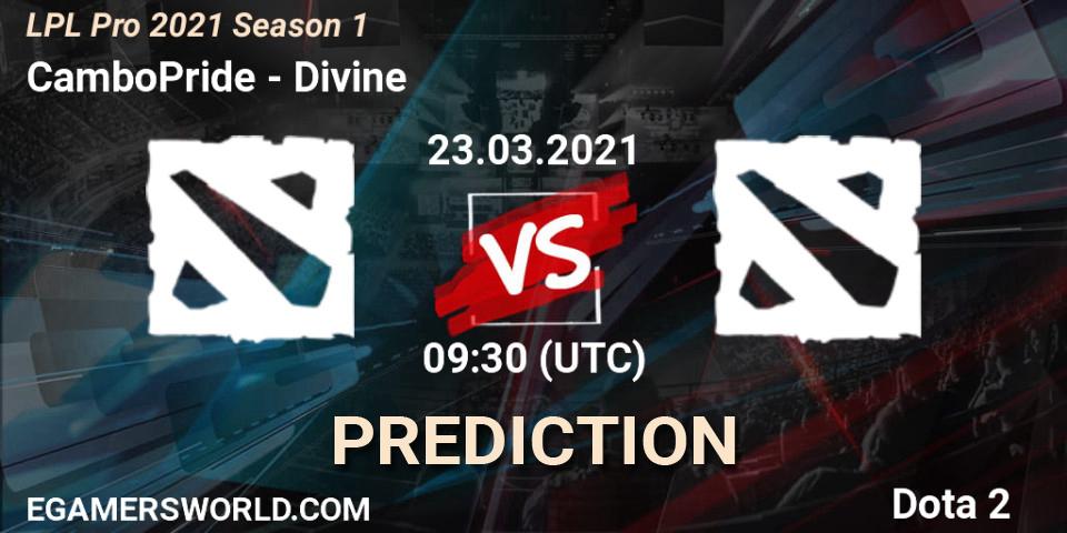Pronósticos CamboPride - Divine. 23.03.2021 at 09:31. LPL Pro 2021 Season 1 - Dota 2