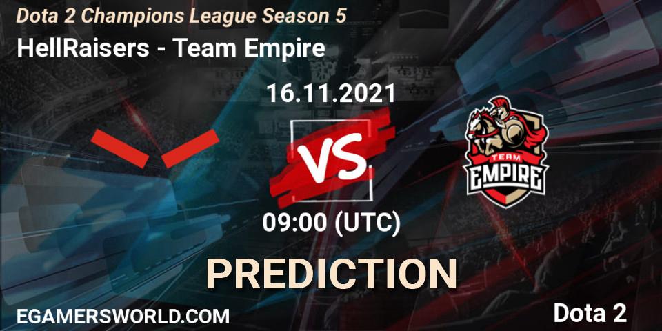 Pronósticos HellRaisers - Team Empire. 16.11.2021 at 09:00. Dota 2 Champions League 2021 Season 5 - Dota 2