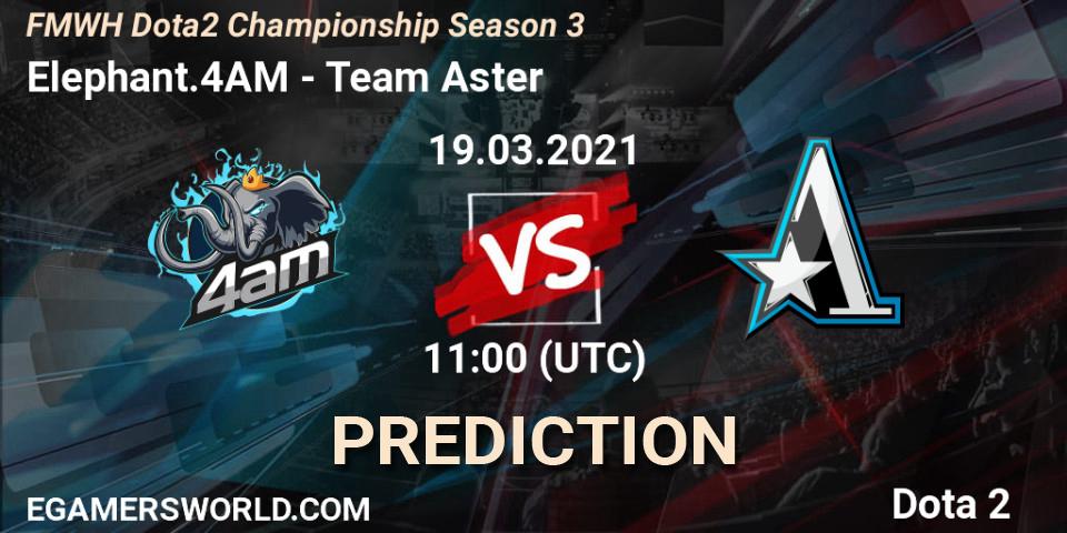 Pronósticos Elephant.4AM - Team Aster. 19.03.2021 at 11:36. FMWH Dota2 Championship Season 3 - Dota 2