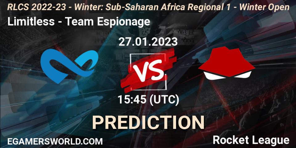 Pronósticos Limitless - Team Espionage. 27.01.2023 at 15:45. RLCS 2022-23 - Winter: Sub-Saharan Africa Regional 1 - Winter Open - Rocket League