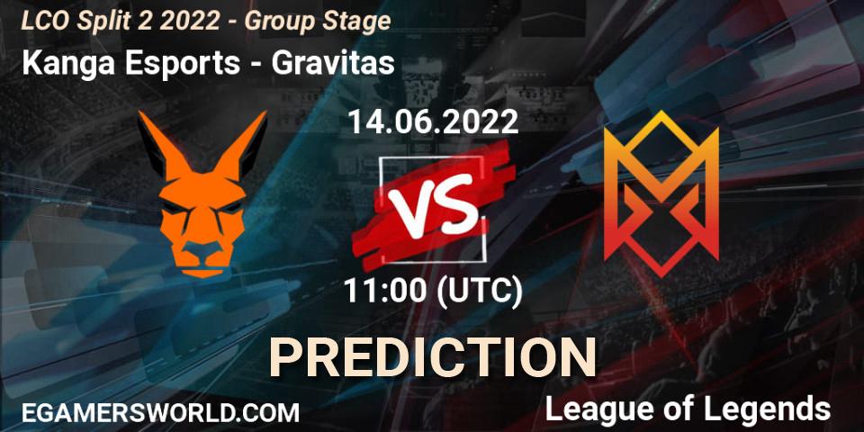 Pronósticos Kanga Esports - Gravitas. 14.06.2022 at 11:00. LCO Split 2 2022 - Group Stage - LoL