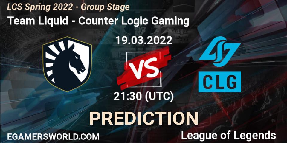 Pronósticos Team Liquid - Counter Logic Gaming. 19.03.2022 at 22:30. LCS Spring 2022 - Group Stage - LoL