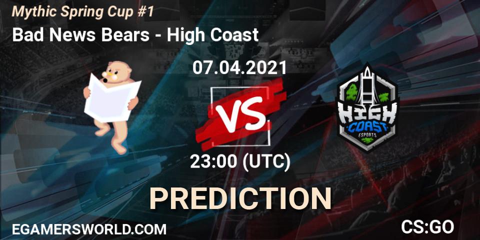 Pronósticos Bad News Bears - High Coast. 07.04.2021 at 23:00. Mythic Spring Cup #1 - Counter-Strike (CS2)