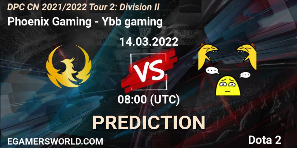 Pronósticos Phoenix Gaming - Ybb gaming. 14.03.2022 at 07:17. DPC 2021/2022 Tour 2: CN Division II (Lower) - Dota 2