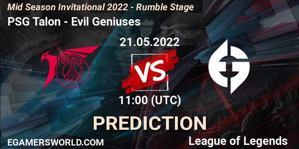 Pronósticos PSG Talon - Evil Geniuses. 21.05.2022 at 11:00. Mid Season Invitational 2022 - Rumble Stage - LoL