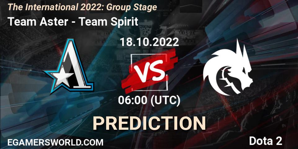 Pronósticos Team Aster - Team Spirit. 18.10.2022 at 06:40. The International 2022: Group Stage - Dota 2