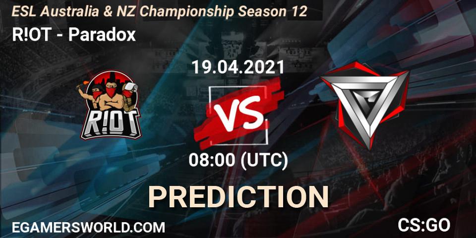 Pronósticos R!OT - Paradox. 19.04.2021 at 08:00. ESL Australia & NZ Championship Season 12 - Counter-Strike (CS2)