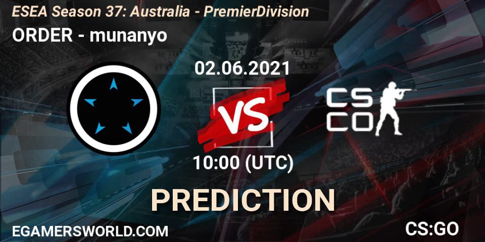 Pronósticos ORDER - munanyo. 02.06.2021 at 10:00. ESEA Season 37: Australia - Premier Division - Counter-Strike (CS2)