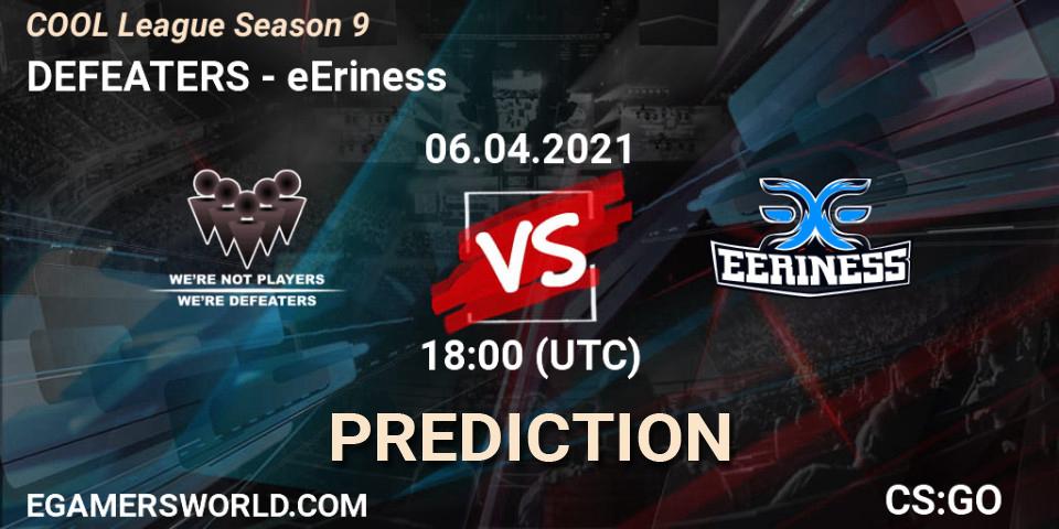 Pronósticos DEFEATERS - eEriness. 06.04.2021 at 18:00. COOL League Season 9 - Counter-Strike (CS2)
