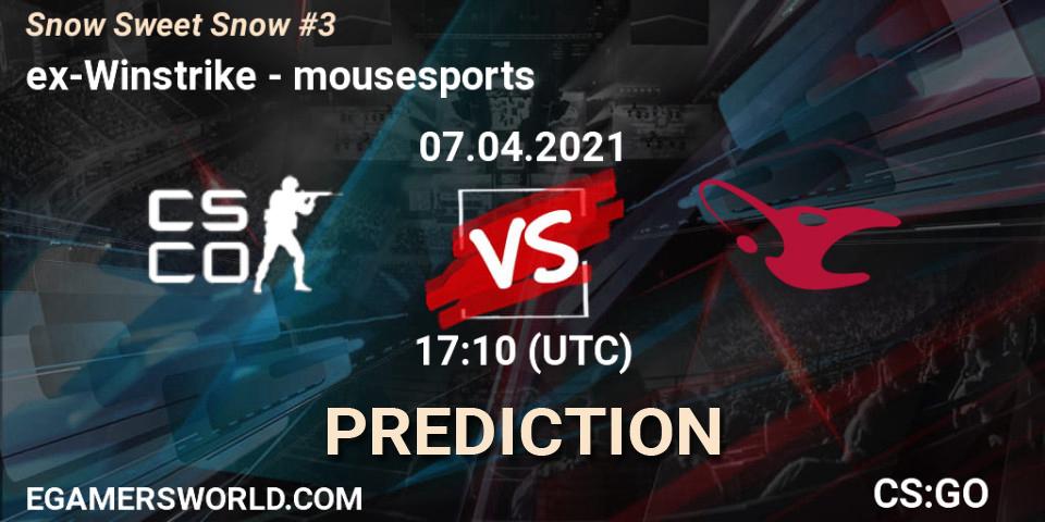 Pronósticos ex-Winstrike - mousesports. 07.04.2021 at 17:30. Snow Sweet Snow #3 - Counter-Strike (CS2)