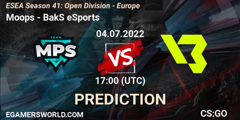 Pronósticos Moops - BakS eSports. 04.07.2022 at 17:00. ESEA Season 41: Open Division - Europe - Counter-Strike (CS2)
