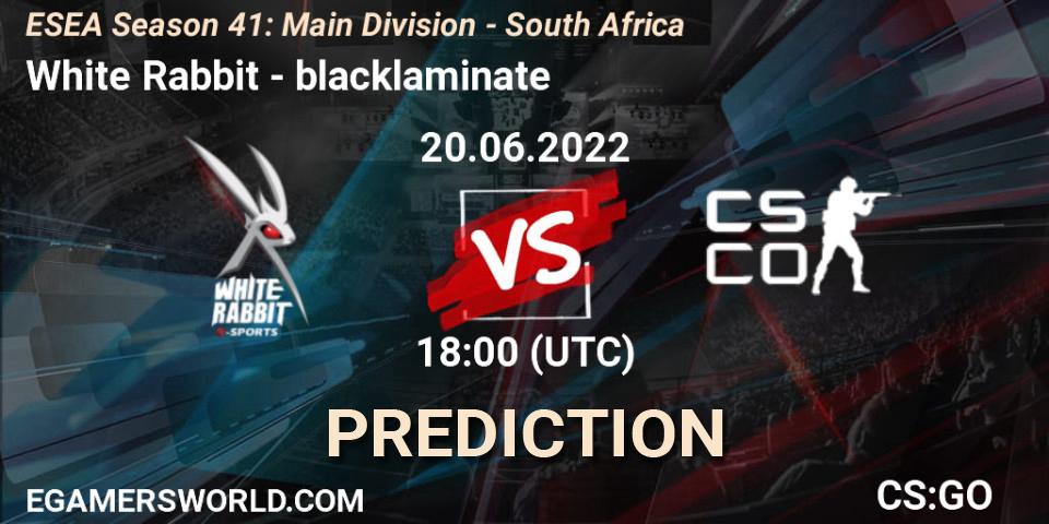 Pronósticos White Rabbit - blacklaminate. 20.06.2022 at 18:00. ESEA Season 41: Main Division - South Africa - Counter-Strike (CS2)