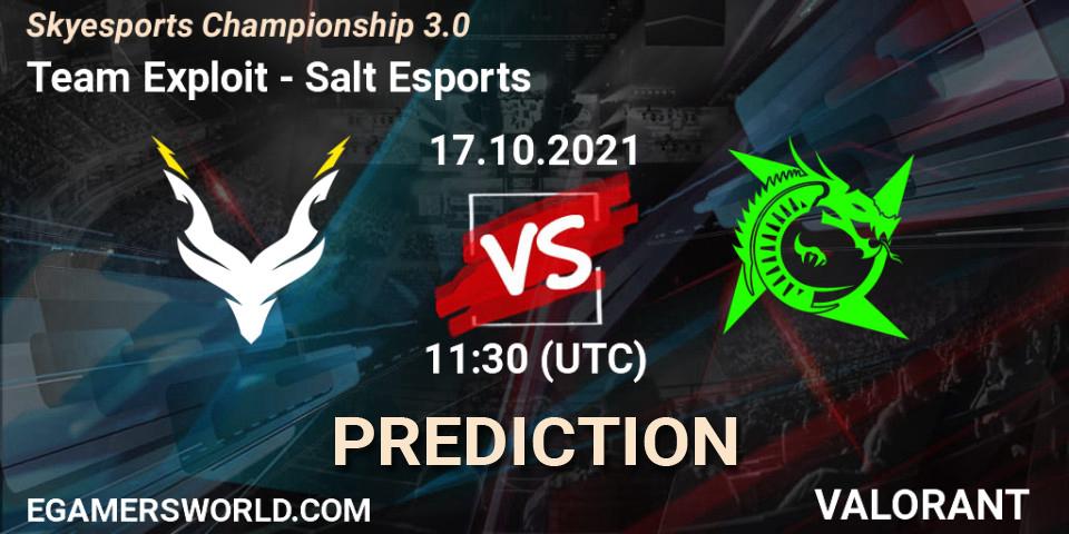 Pronósticos Team Exploit - Salt Esports. 17.10.2021 at 11:30. Skyesports Championship 3.0 - VALORANT