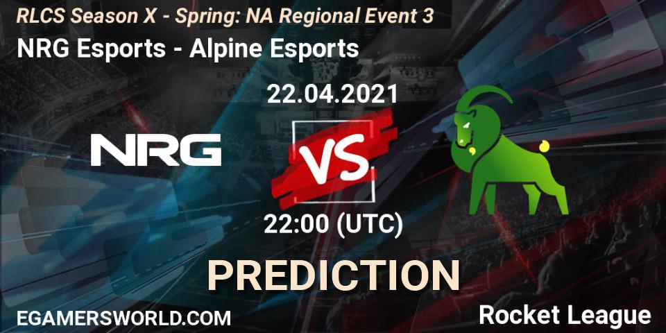 Pronósticos NRG Esports - Alpine Esports. 22.04.2021 at 22:00. RLCS Season X - Spring: NA Regional Event 3 - Rocket League