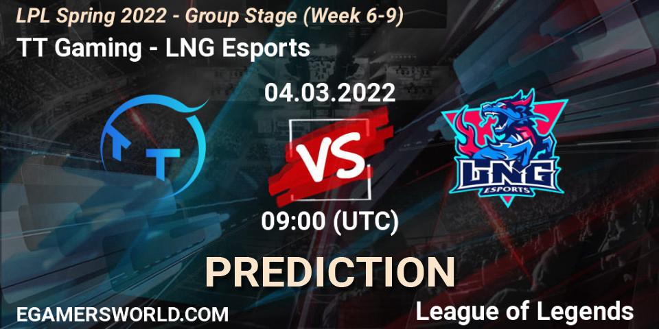 Pronósticos TT Gaming - LNG Esports. 04.03.2022 at 09:30. LPL Spring 2022 - Group Stage (Week 6-9) - LoL
