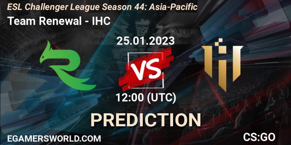 Pronósticos Team Renewal - IHC. 25.01.2023 at 12:00. ESL Challenger League Season 44: Asia-Pacific - Counter-Strike (CS2)