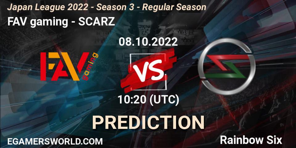 Pronósticos FAV gaming - SCARZ. 08.10.2022 at 10:20. Japan League 2022 - Season 3 - Regular Season - Rainbow Six