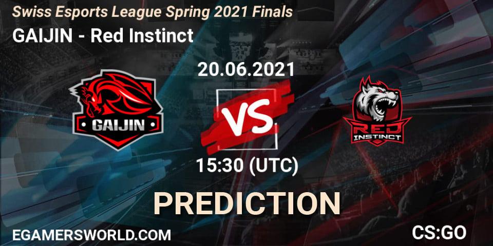 Pronósticos GAIJIN - Red Instinct. 20.06.2021 at 16:20. Swiss Esports League Spring 2021 Finals - Counter-Strike (CS2)