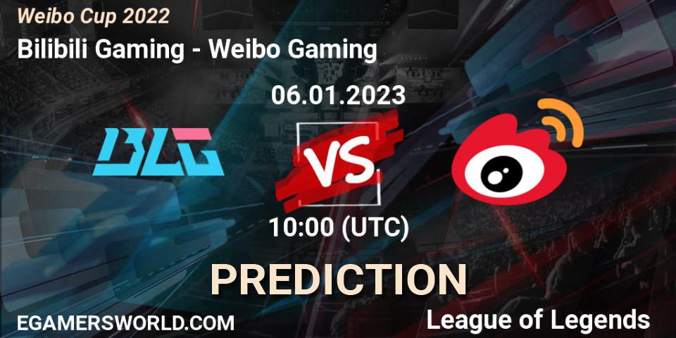 Pronósticos Bilibili Gaming - Weibo Gaming. 06.01.2023 at 10:00. Weibo Cup 2022 - LoL