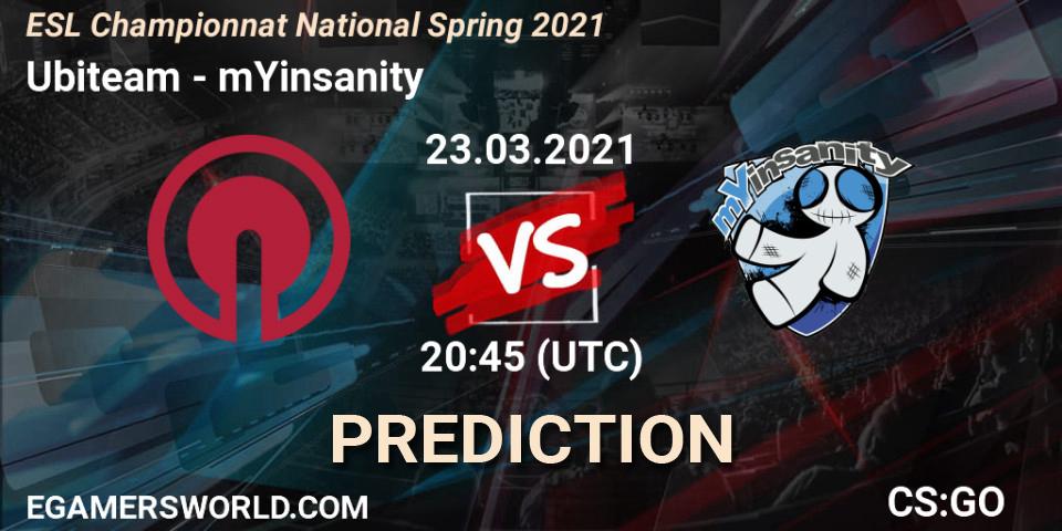 Pronósticos Ubiteam - mYinsanity. 23.03.2021 at 20:45. ESL Championnat National Spring 2021 - Counter-Strike (CS2)