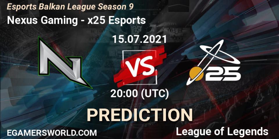 Pronósticos Nexus Gaming - x25 Esports. 15.07.2021 at 20:00. Esports Balkan League Season 9 - LoL