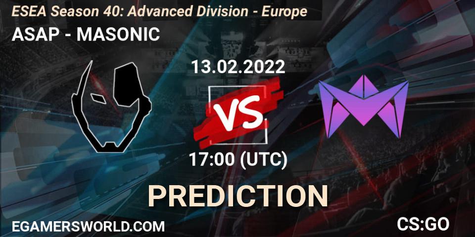 Pronósticos ASAP - MASONIC. 13.02.2022 at 17:00. ESEA Season 40: Advanced Division - Europe - Counter-Strike (CS2)