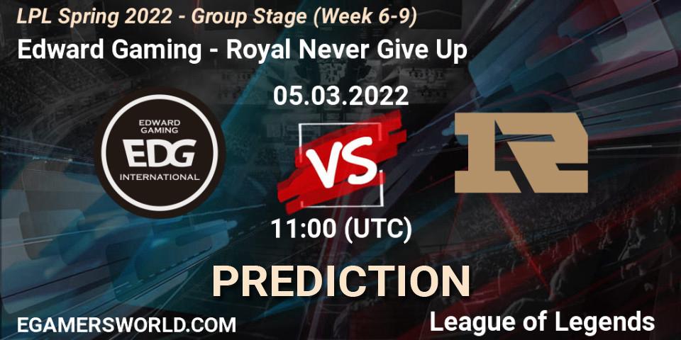 Pronósticos Edward Gaming - Royal Never Give Up. 05.03.2022 at 12:00. LPL Spring 2022 - Group Stage (Week 6-9) - LoL