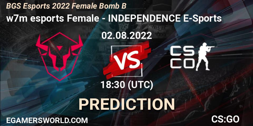 Pronósticos w7m esports Female - INDEPENDENCE E-Sports. 02.08.2022 at 18:30. Monster Energy BGS Bomb B Women Cup 2022 - Counter-Strike (CS2)