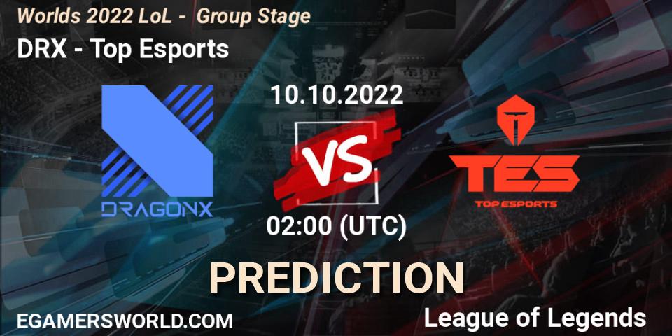 Pronósticos DRX - Top Esports. 10.10.2022 at 02:00. Worlds 2022 LoL - Group Stage - LoL