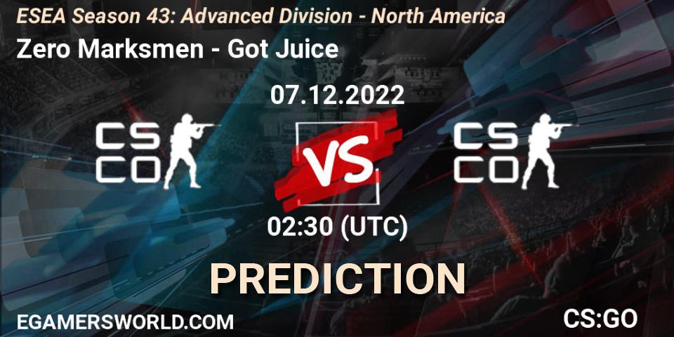 Pronósticos Zero Marksmen - Got Juice. 07.12.22. ESEA Season 43: Advanced Division - North America - CS2 (CS:GO)