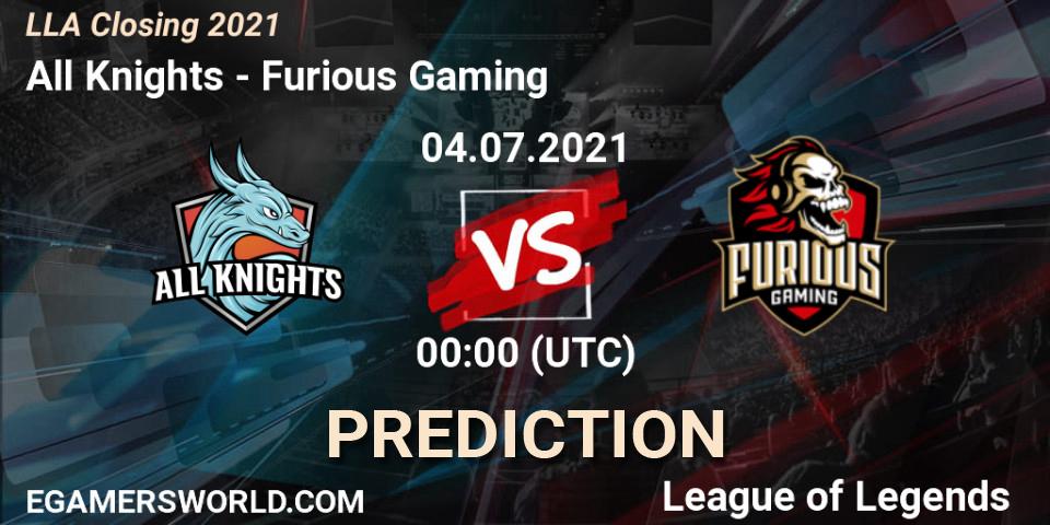 Pronósticos All Knights - Furious Gaming. 04.07.2021 at 00:00. LLA Closing 2021 - LoL