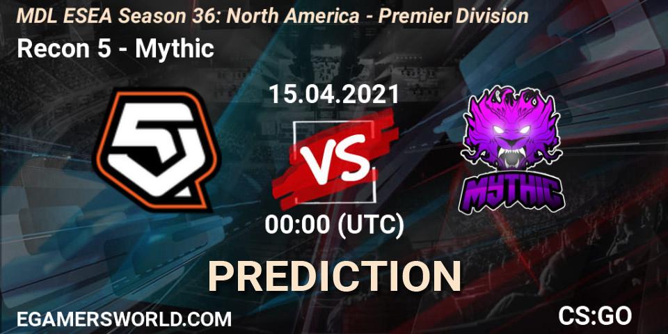 Pronósticos Recon 5 - Mythic. 15.04.2021 at 00:00. MDL ESEA Season 36: North America - Premier Division - Counter-Strike (CS2)