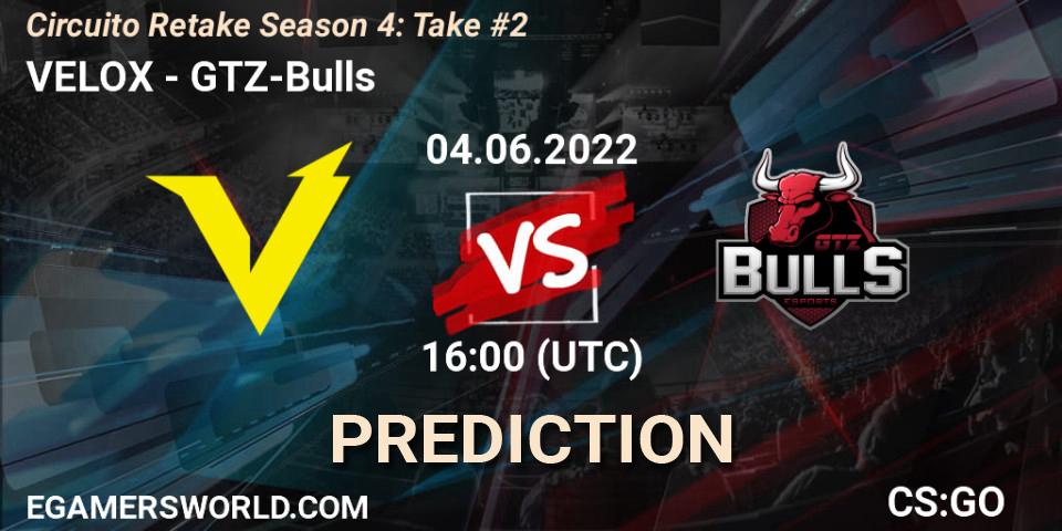 Pronósticos VELOX - GTZ-Bulls. 04.06.2022 at 17:00. Circuito Retake Season 4: Take #2 - Counter-Strike (CS2)