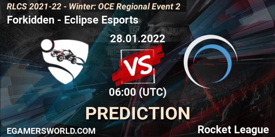 Pronósticos Forkidden - Eclipse Esports. 28.01.2022 at 06:00. RLCS 2021-22 - Winter: OCE Regional Event 2 - Rocket League
