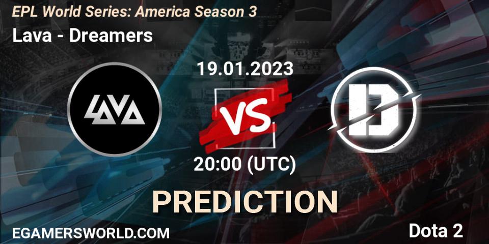 Pronósticos Lava - Dreamers. 19.01.2023 at 20:07. EPL World Series: America Season 3 - Dota 2