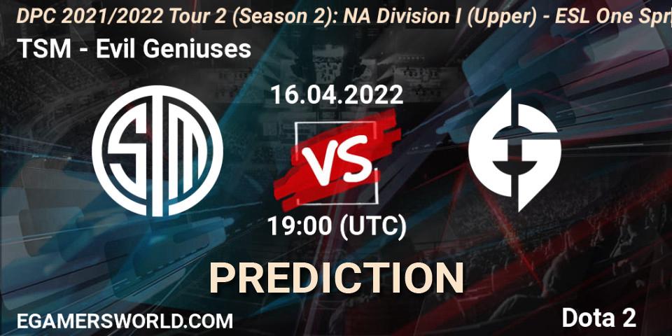 Pronósticos TSM - Evil Geniuses. 16.04.2022 at 19:40. DPC 2021/2022 Tour 2 (Season 2): NA Division I (Upper) - ESL One Spring 2022 - Dota 2