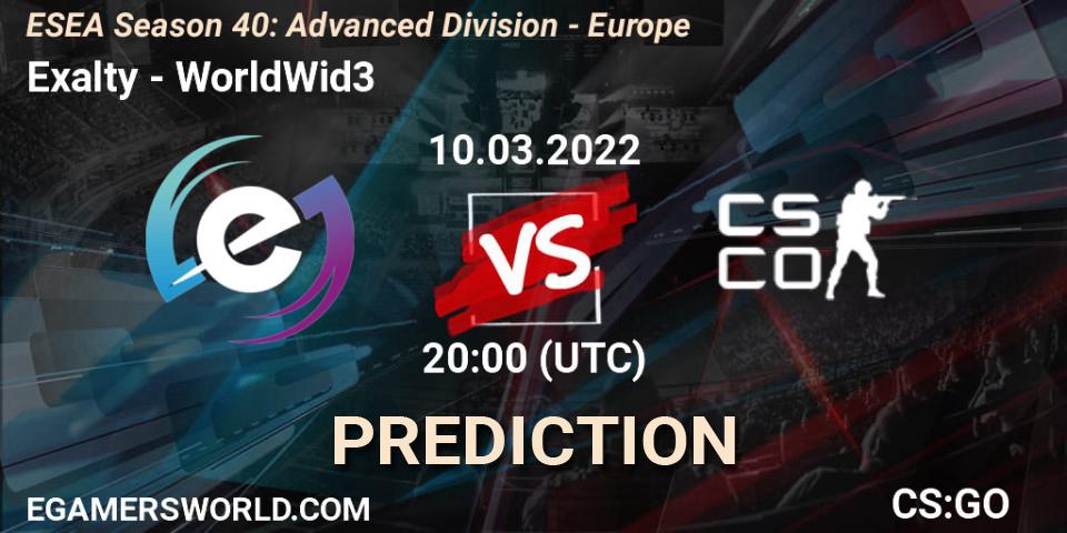 Pronósticos Exalty - WorldWid3. 10.03.2022 at 20:00. ESEA Season 40: Advanced Division - Europe - Counter-Strike (CS2)