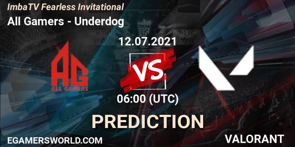 Pronósticos All Gamers - Underdog. 12.07.2021 at 06:00. ImbaTV Fearless Invitational - VALORANT