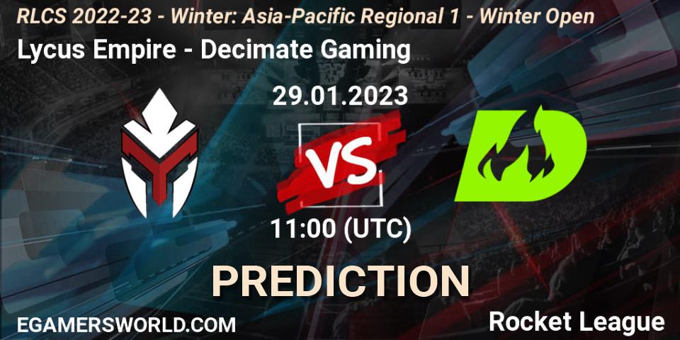 Pronósticos Lycus Empire - Decimate Gaming. 29.01.2023 at 11:00. RLCS 2022-23 - Winter: Asia-Pacific Regional 1 - Winter Open - Rocket League