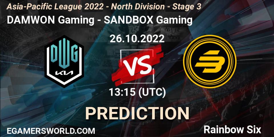 Pronósticos DAMWON Gaming - SANDBOX Gaming. 26.10.2022 at 13:15. Asia-Pacific League 2022 - North Division - Stage 3 - Rainbow Six