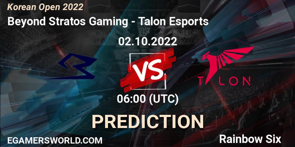 Pronósticos Beyond Stratos Gaming - Talon Esports. 02.10.2022 at 06:00. Korean Open 2022 - Rainbow Six